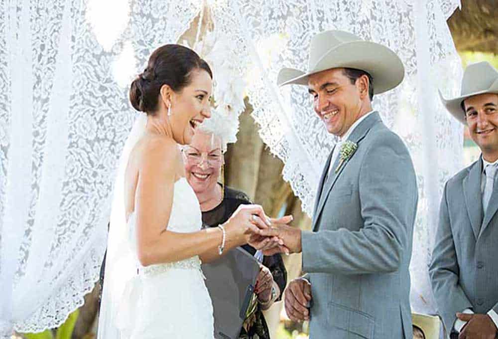 Bridal blues: Bride and groom at their wedding